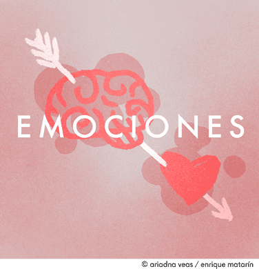 Ilustración de un cerebro y un corazón conectados por una flecha sobre un fondo rosa con la palabra "EMOCIONES" en el centro.