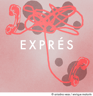 Imagen con cables telefónicos rojos enredados y la palabra “EXPRÉS” en el centro sobre un fondo rosa con puntos negros.