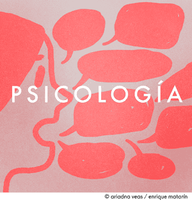 Ilustración del perfil de una persona con globos de diálogo rojos y la palabra "Psicología" en blanco.