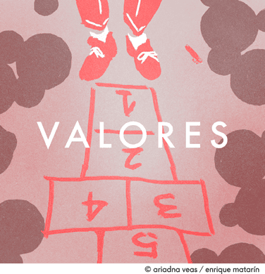 Una persona con zapatos rojos está de pie al inicio de una partida de rayuela. La palabra "VALORES" aparece superpuesta en la imagen.