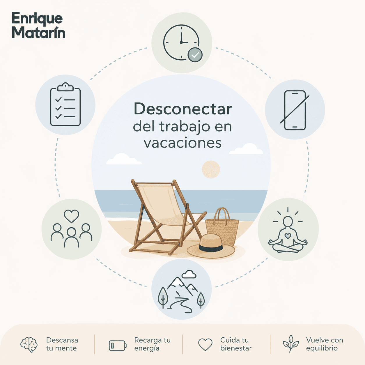 Ilustración de una tumbona y un sombrero sobre la arena, rodeados de iconos que representan la relajación, la energía, el bienestar, la naturaleza y el equilibrio, con un texto sobre cómo desconectar del trabajo durante las vacaciones.