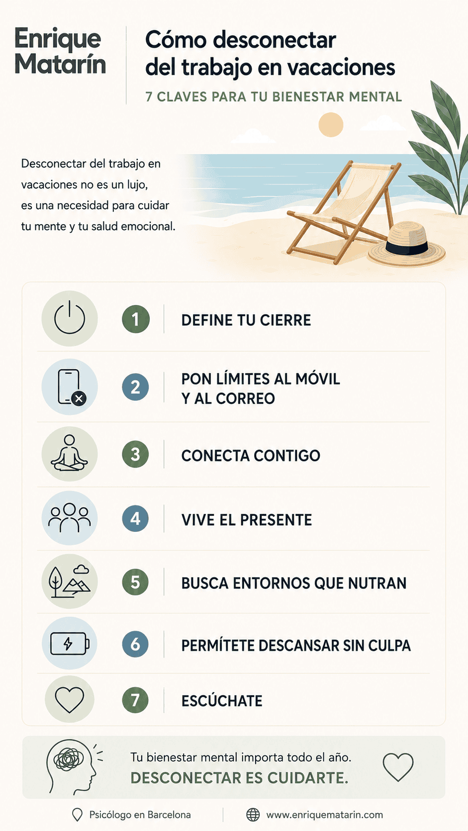 Infografía en la que se enumeran siete consejos para desconectar del trabajo durante las vacaciones, entre los que se incluyen establecer límites, reducir el uso de dispositivos, conectar con uno mismo y dar prioridad al bienestar mental.