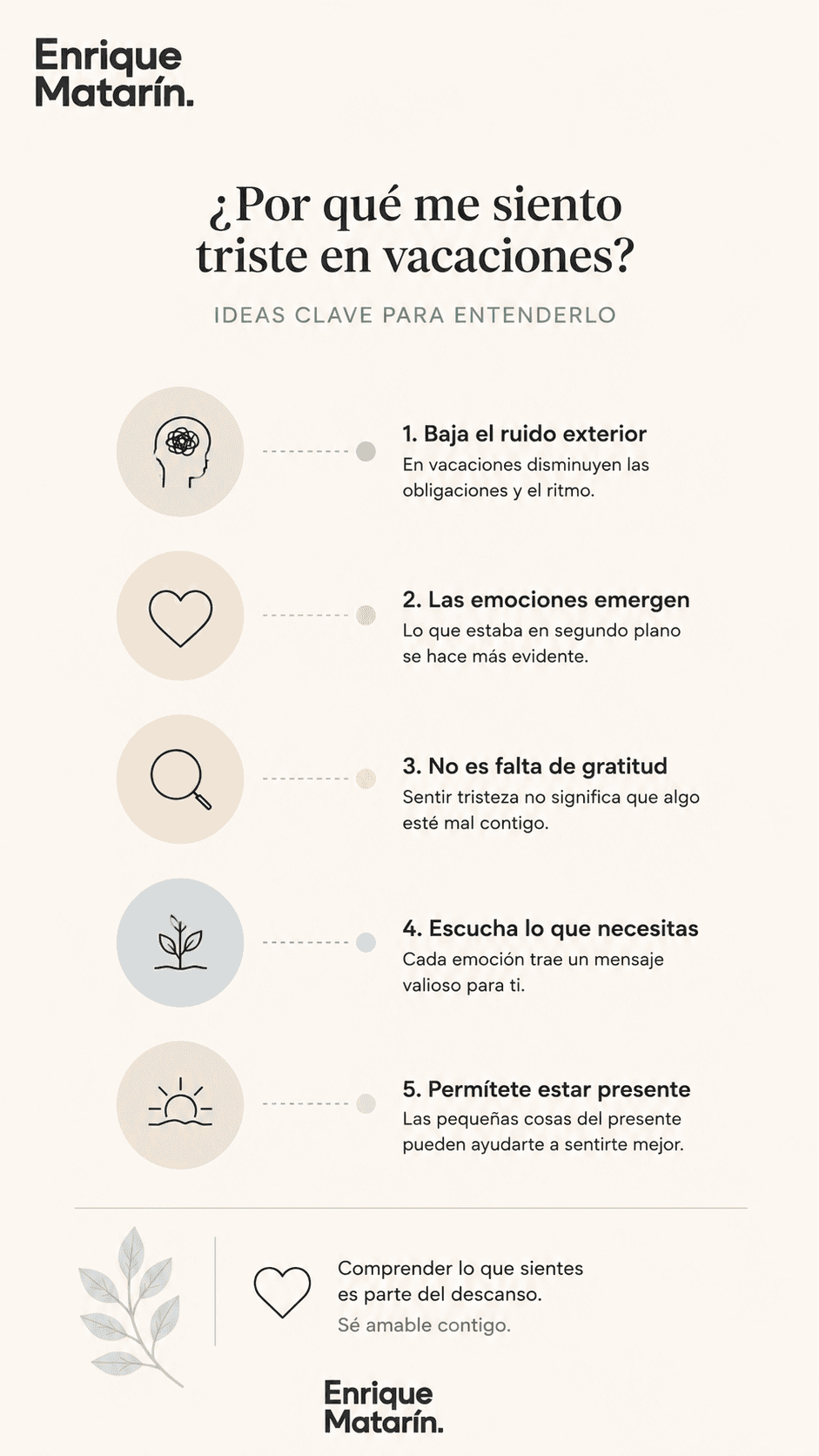Infografía en español con cinco razones por las que alguien puede sentirse triste durante las vacaciones, acompañada de iconos y un mensaje de comprensión al final.
